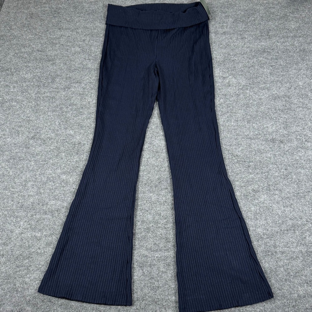 Y2K Bohemian Medium High Rise‎ Ribbed Flared Leg Pants Stretchy Navy Yoga NEW